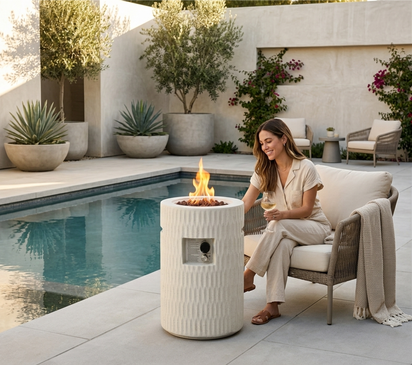 26" Modern Concrete Propane Fire Pit Column with Hidden Tank Storage - 40,000 BTU