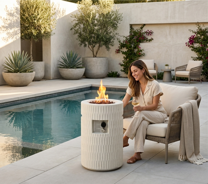 26" Modern Concrete Propane Fire Pit Column with Hidden Tank Storage - 40,000 BTU