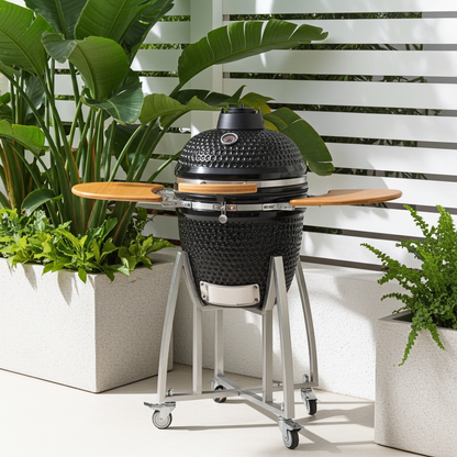 18" Premium Ceramic Kamado Charcoal Smoker & BBQ Grill with Rolling Cart and Side Shelves