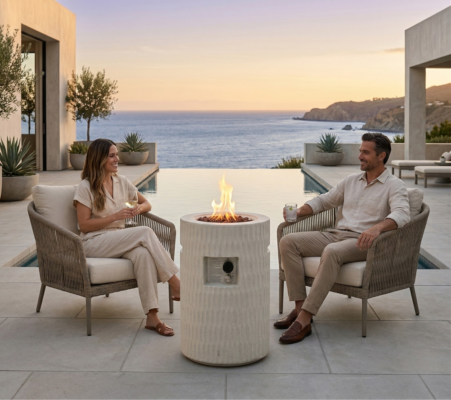 26" Modern Concrete Propane Fire Pit Column with Hidden Tank Storage - 40,000 BTU