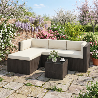 3-Piece Wicker Patio Conversation Set with Glass Top Table - Beige